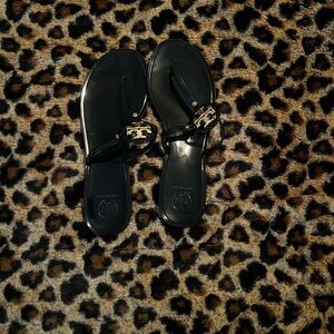 Tory Burch Black Sandals with Animal Print Accent